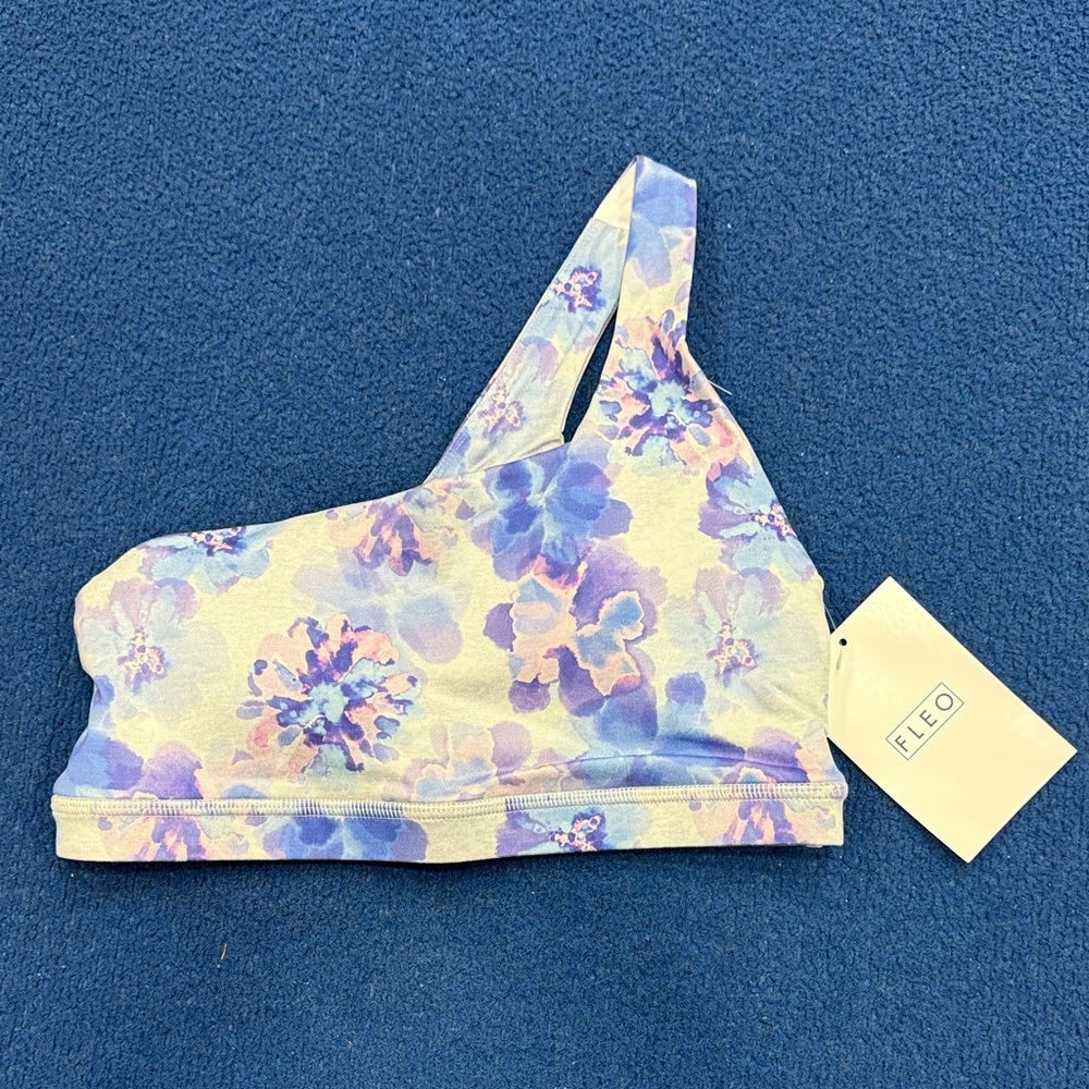 Fleo Blue and Purple Floral One-Shoulder Top Gymnastics/Tumbling/Crossfit/Cheer